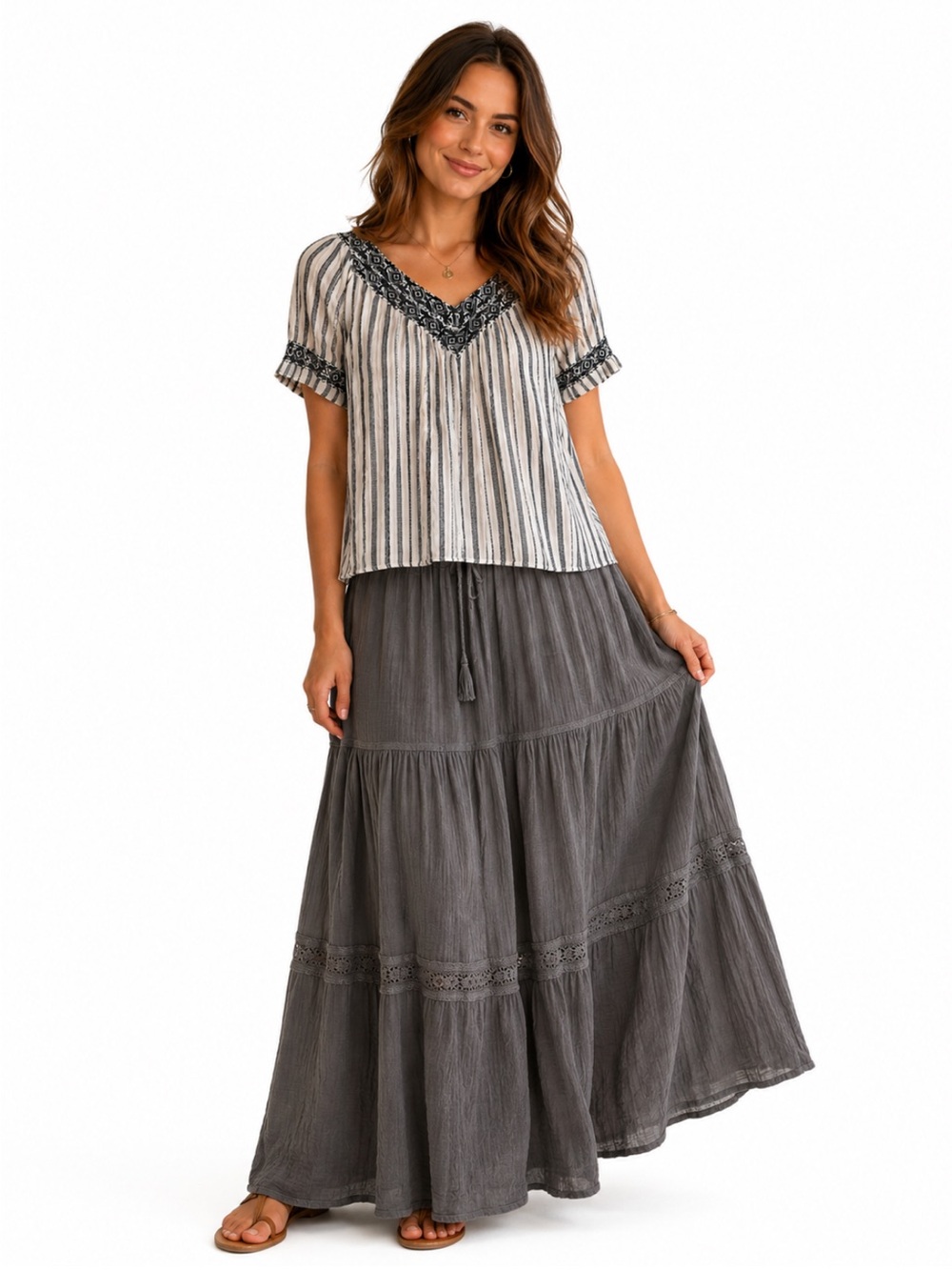 Knox Rose Boho Striped Blouse Cream Navy Prairie Short Sleeve Top Size Medium